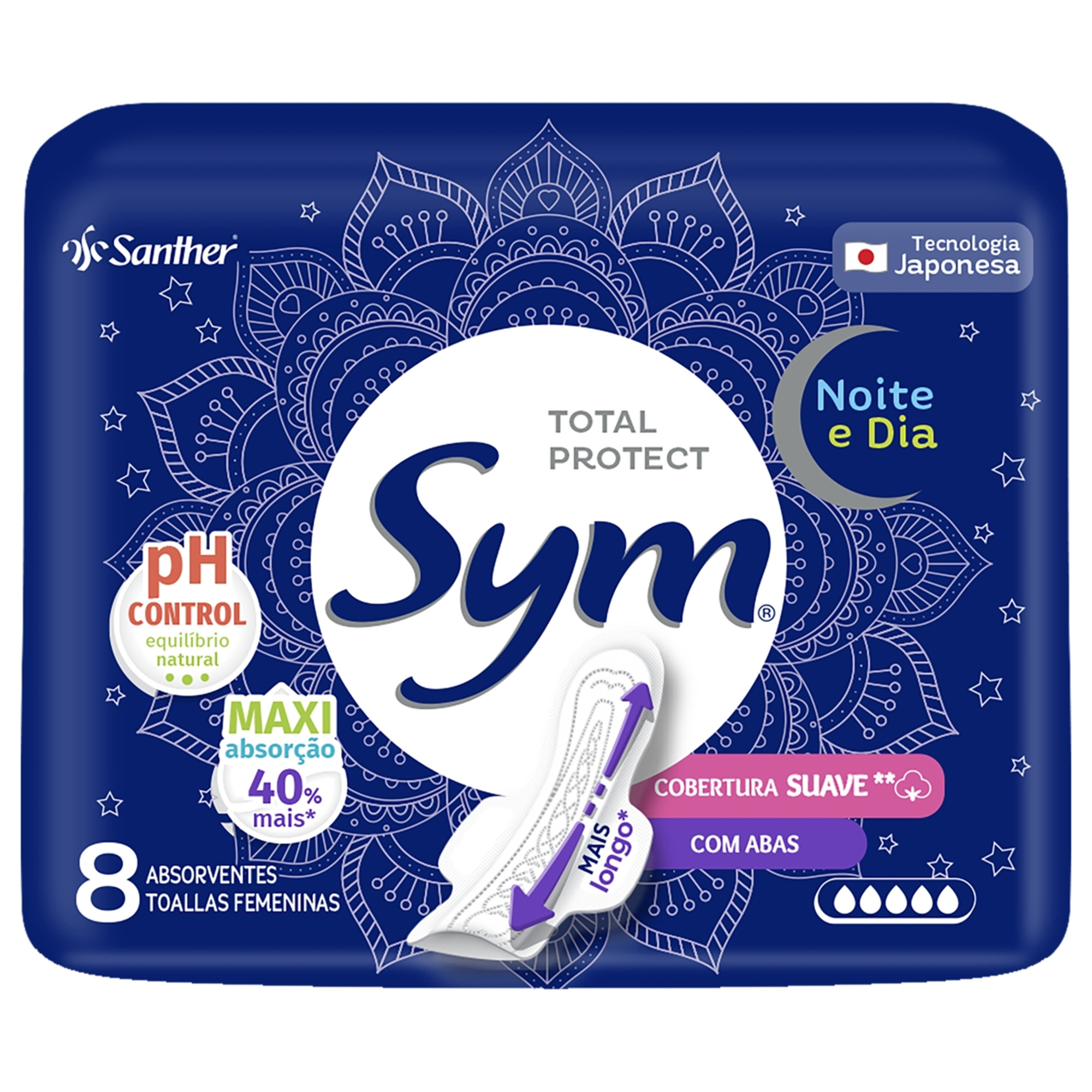 ABSORVENTE SYM COM ABAS NOITE E DIA COM 8 UNIDADES