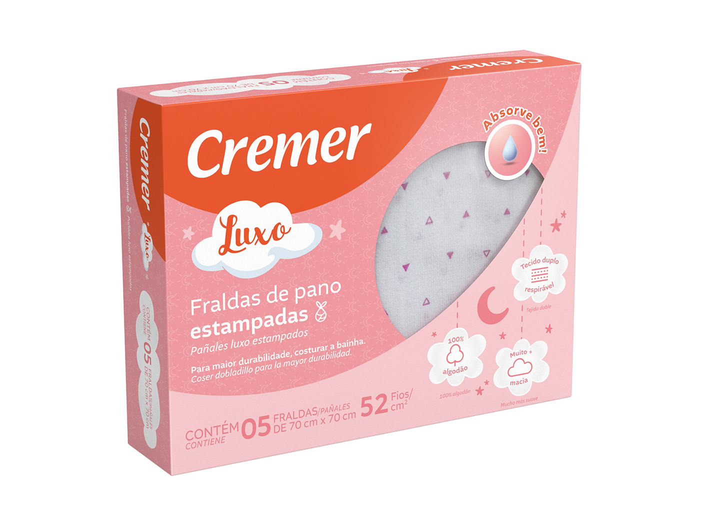 FRALDA CREMER LUXO 70X70 C/5 UN ESTAMPA FEMININA
