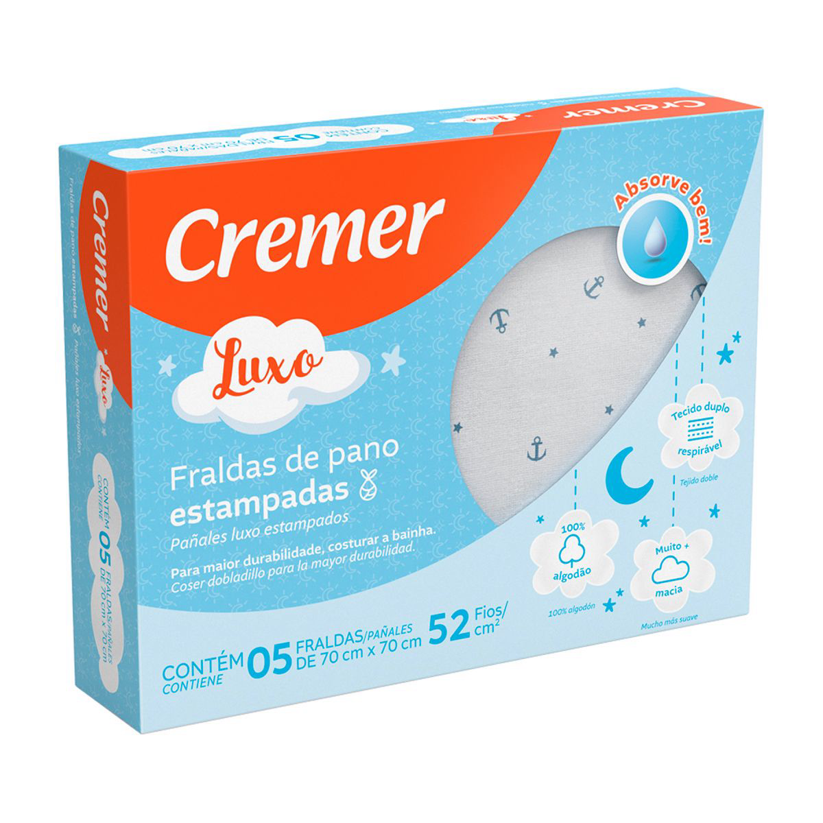 FRALDA CREMER LUXO 70X70 C/5 UN ESTAMPA MASCULINA