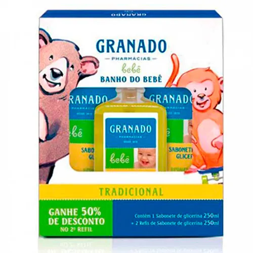 KIT BANHO GRANADO BEBE 1 SABONETE LIQUIDO + 2 REFIL 250ML TRADICIONAL