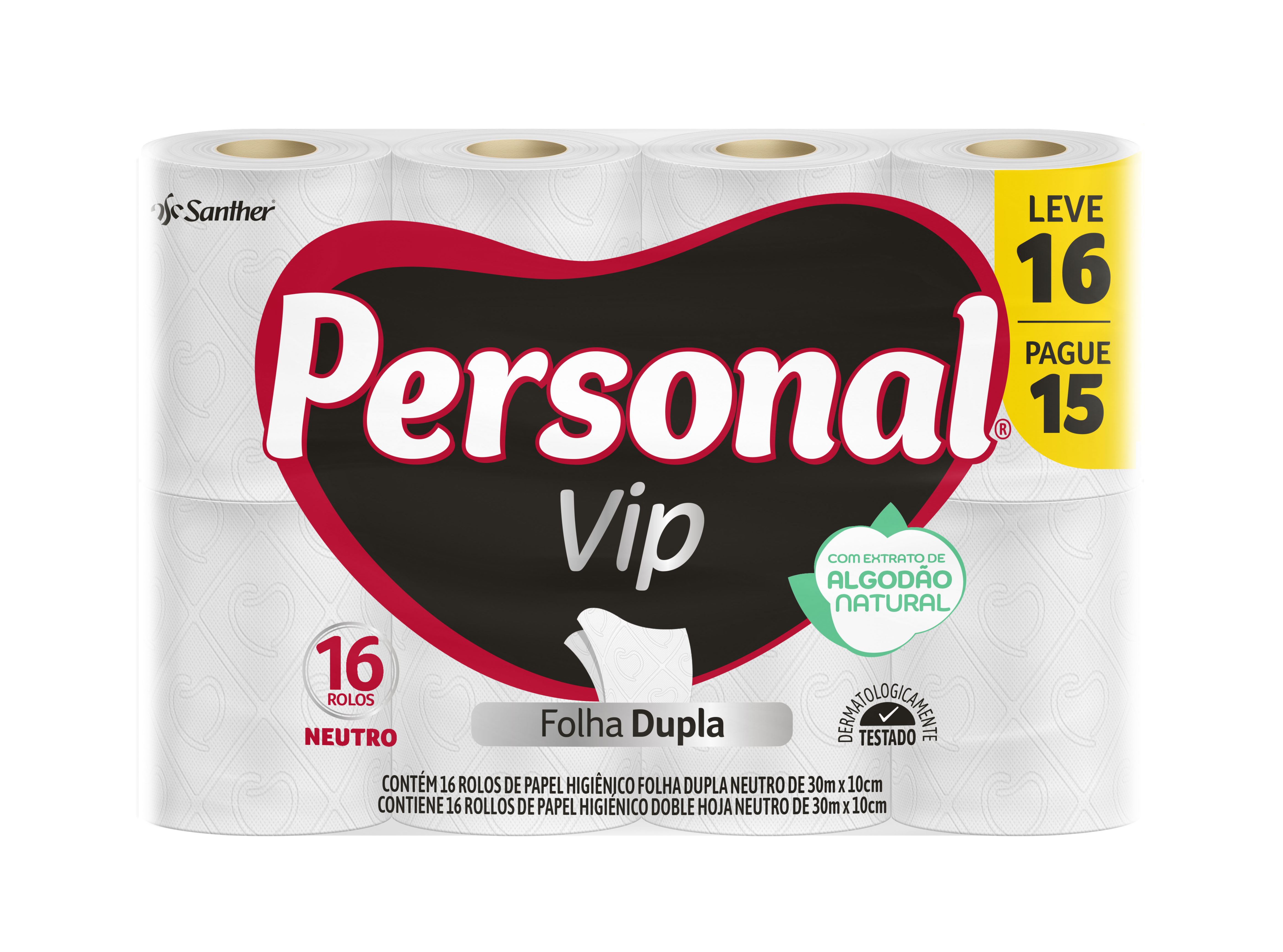 PAPEL HIGIENICO PERSONAL VIP FOLHA DUPLA 30M LEVE 16 PAGUE 15 NEUTRO
