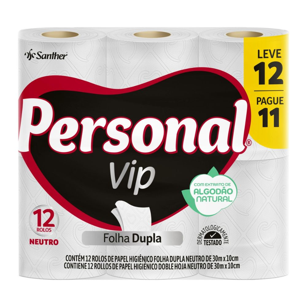 PAPEL HIGIENICO PERSONAL VIP FOLHA DUPLA 30M LEVE 12 PAGUE 11 NEUTRO