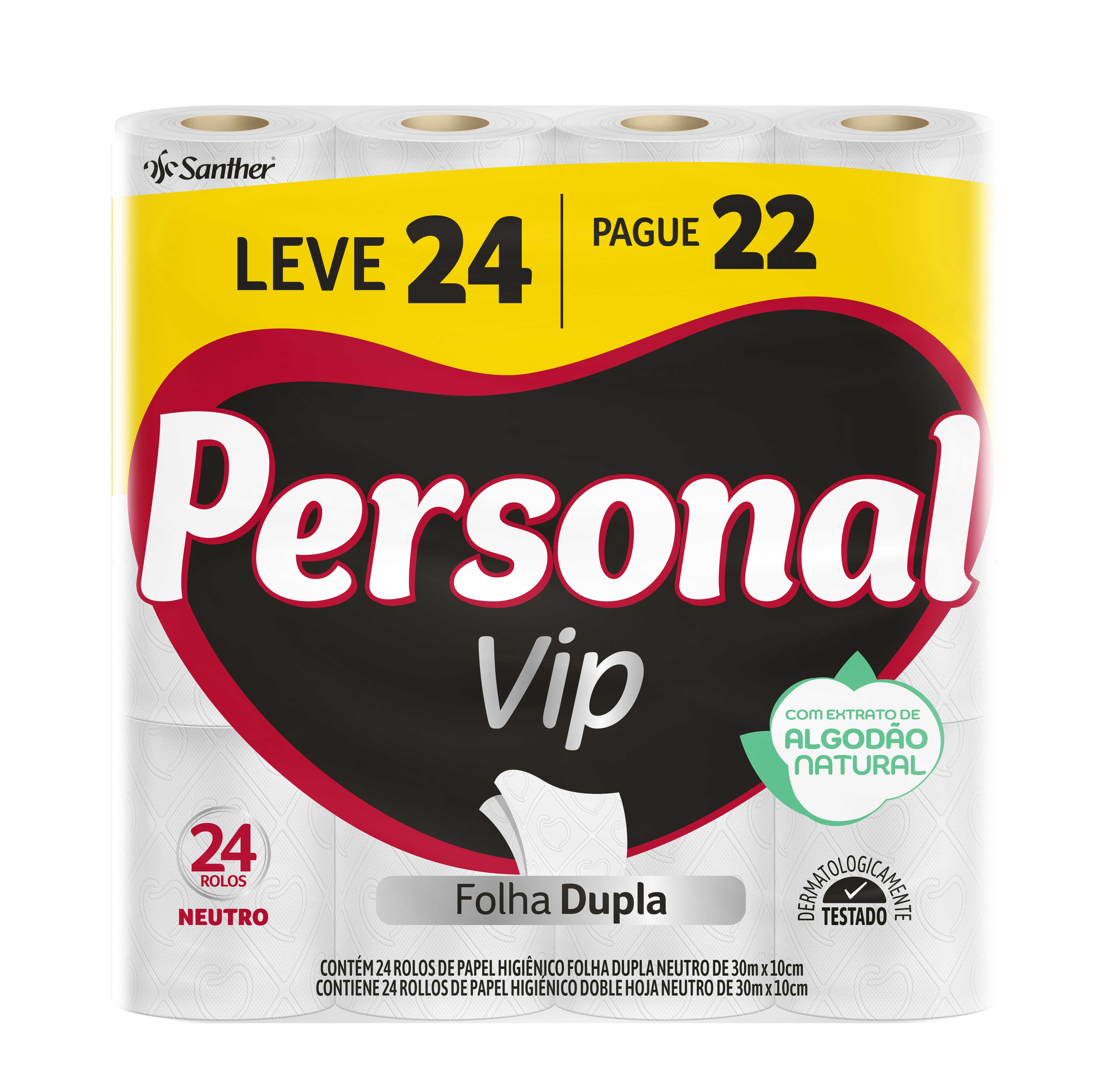 PAPEL HIGIENICO PERSONAL VIP FOLHA DUPLA 30M LEVE 24 PAGUE 22 NEUTRO