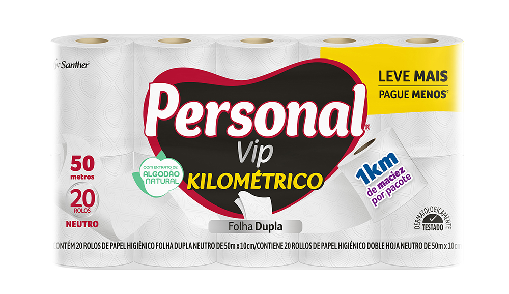 PAPEL HIGIENICO PERSONAL KILOMETRICO VIP FOLHA DUPLA C/20 UNIDADES NEUTRO
