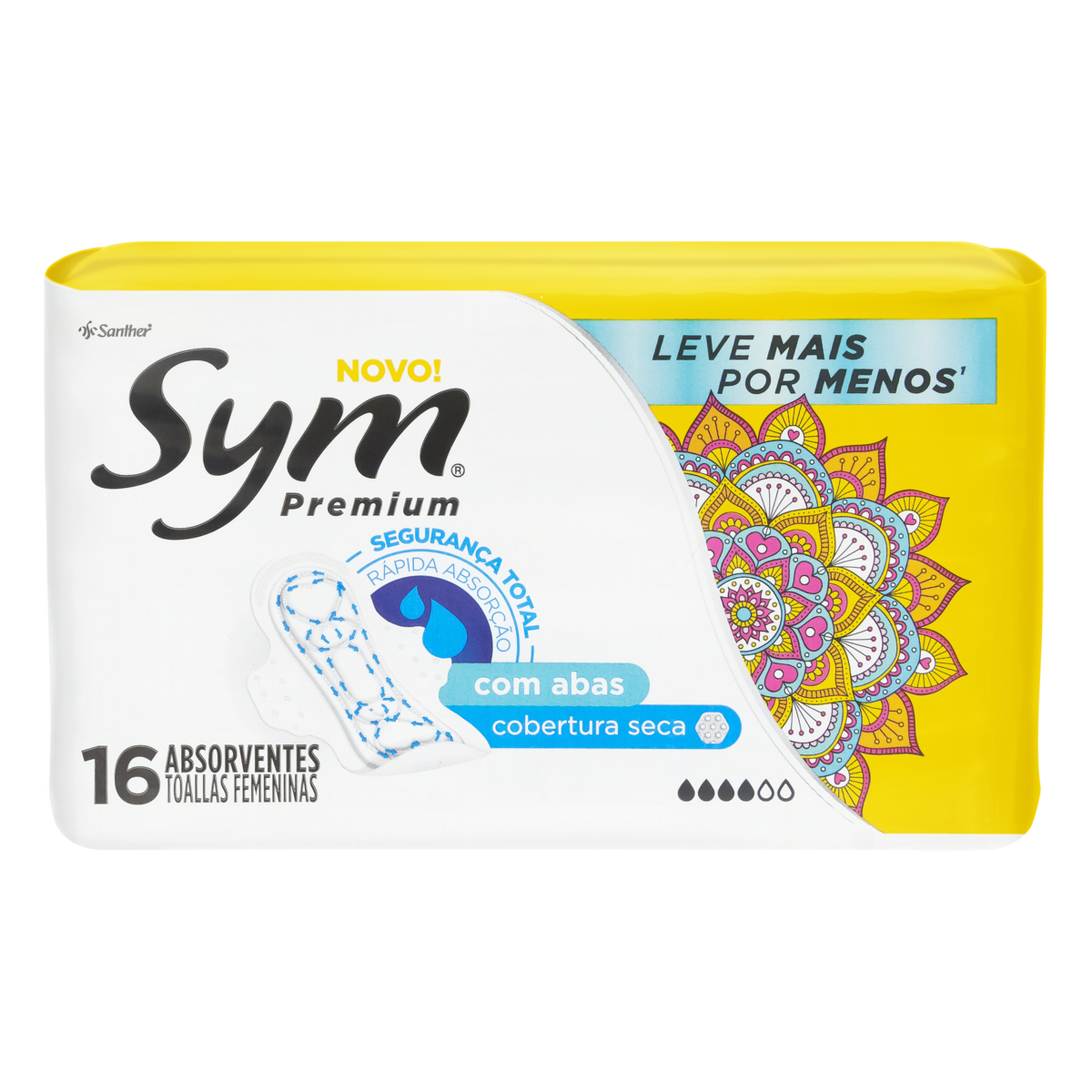 ABSORVENTE SYM PREMIUM C/ABAS C/16 UNIDADES LEVE + PAGUE - COBERTURA SECA