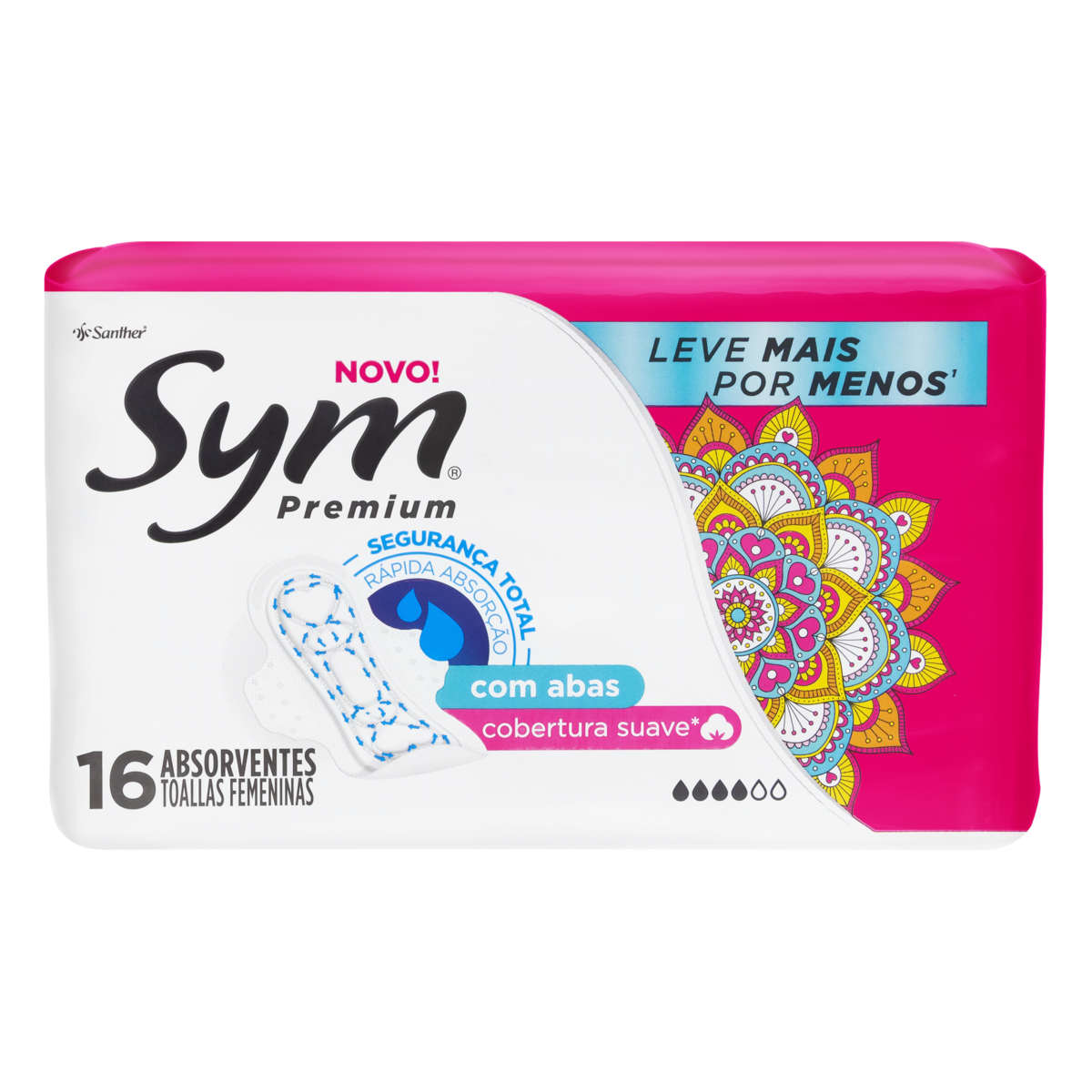 ABSORVENTE SYM PREMIUM C/ABAS C/16 UNIDADES LEVE + PAGUE - COBERTURA SUAVE