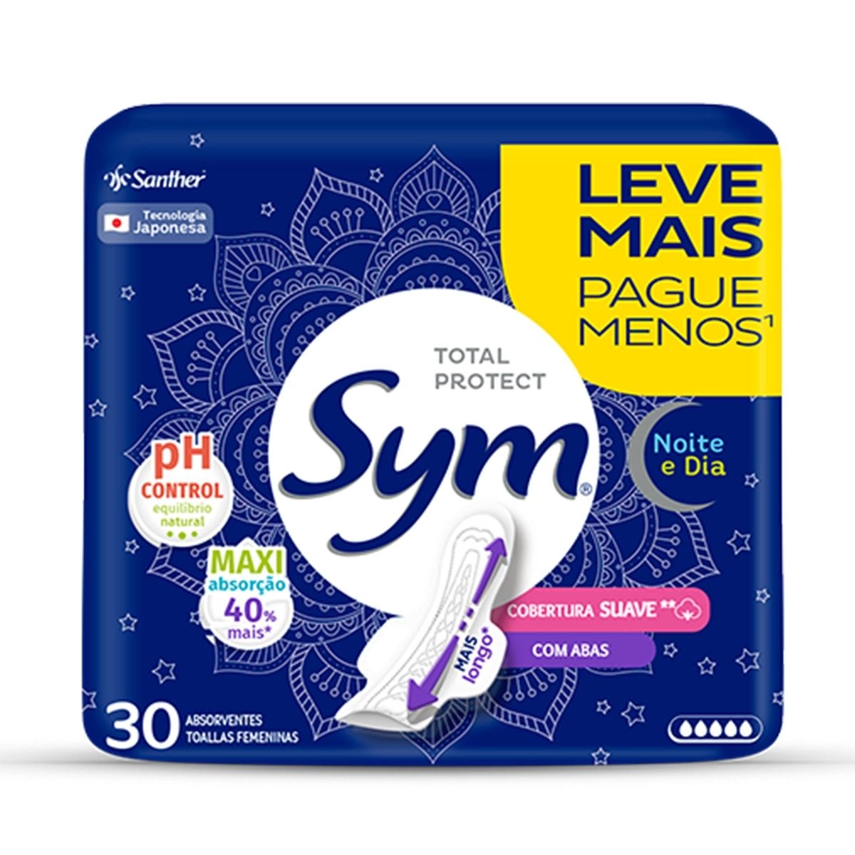 ABSORVENTE SYM NOITE E DIA C/ABAS C/30 UNIDADES LEVE + PAGUE - SUAVE
