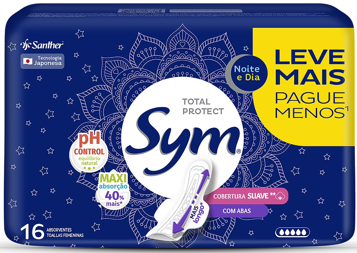 ABSORVENTE SYM NOITE & DIA COBERTURA SUAVE C/ABAS LEVE 16 PAGUE 14 UNIDADES