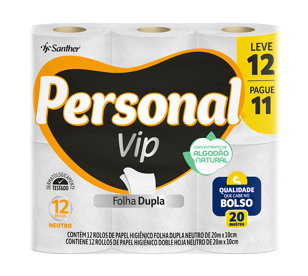 PAPEL HIGIENICO PERSONAL VIP FOLHA DUPLA 20M LEVE 12 PAGUE 11 NEUTRO