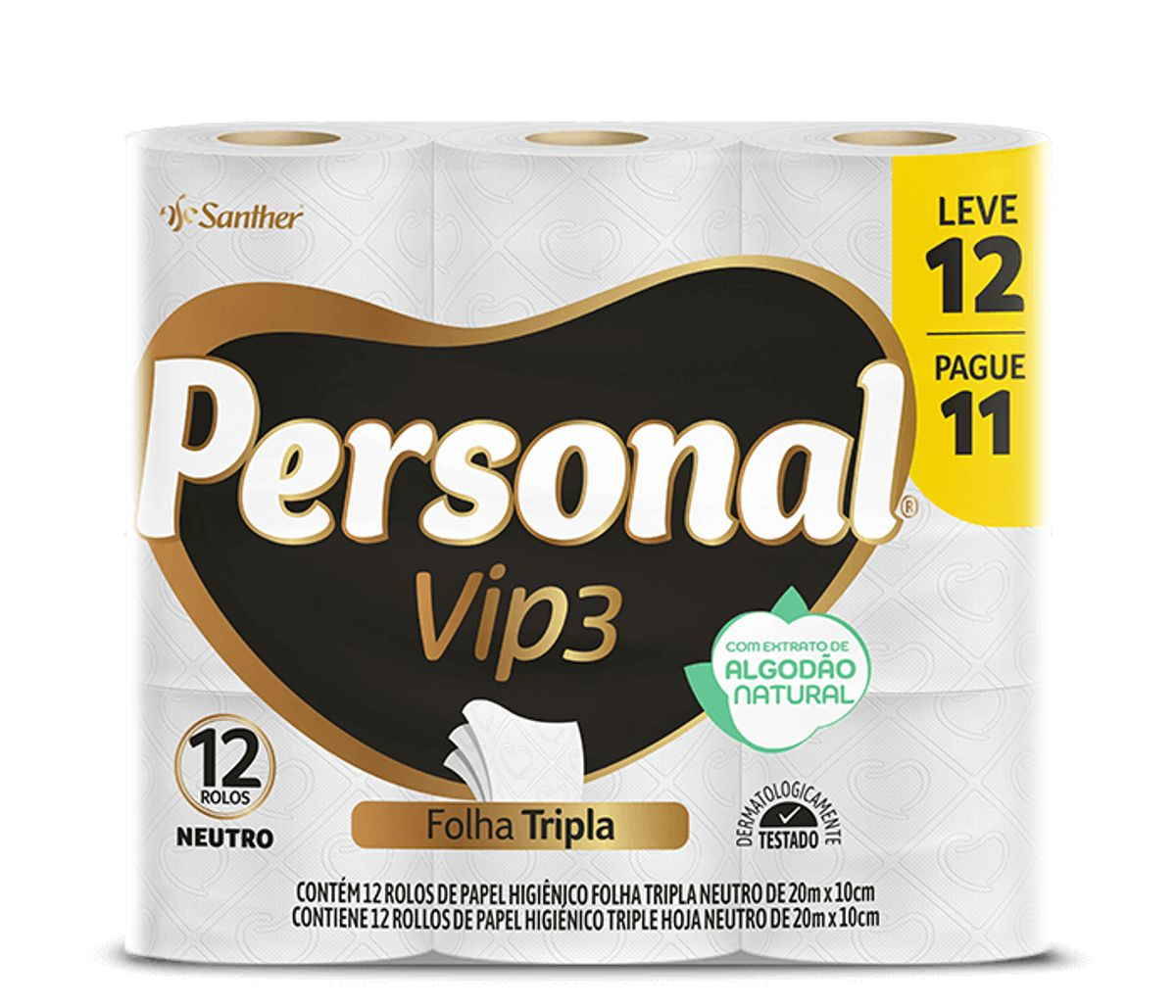 PAPEL HIGIENICO PERSONAL VIP FOLHA TRIPLA 20M LEVE 12 PAGUE 11 NEUTRO
