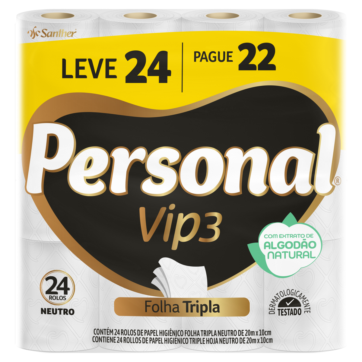 PAPEL HIGIENICO PERSONAL VIP FT 20M LEVE 24 PAGUE 22 NEUTRO