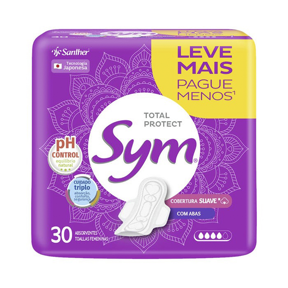 ABSORVENTE SYM COBERTURA SUAVE C/ABAS C/30 LEVE MAIS PAGUE MENOS