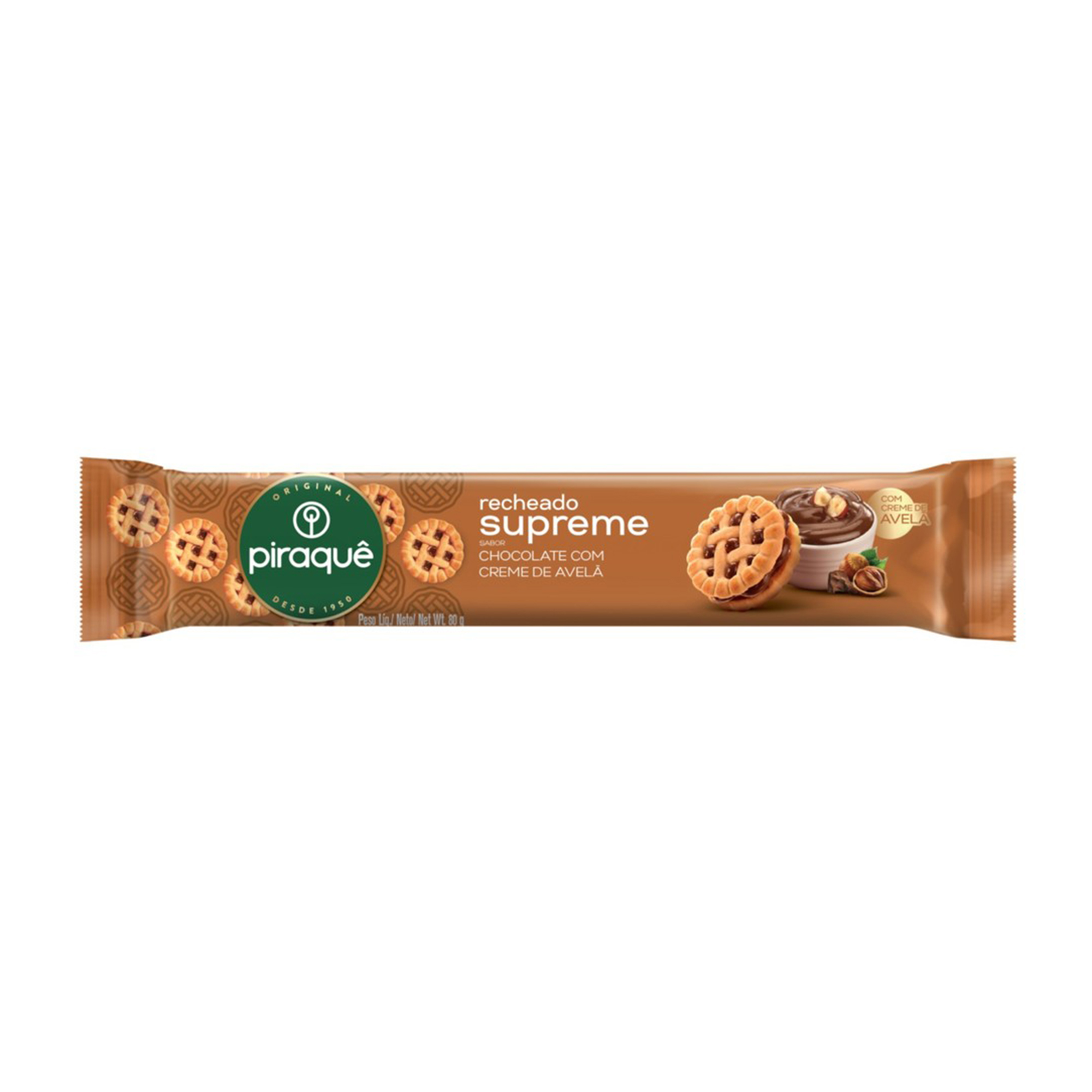 BISCOITO PIRAQUE RECHEADO 80G CHOCOLATE COM CREME DE AVELA