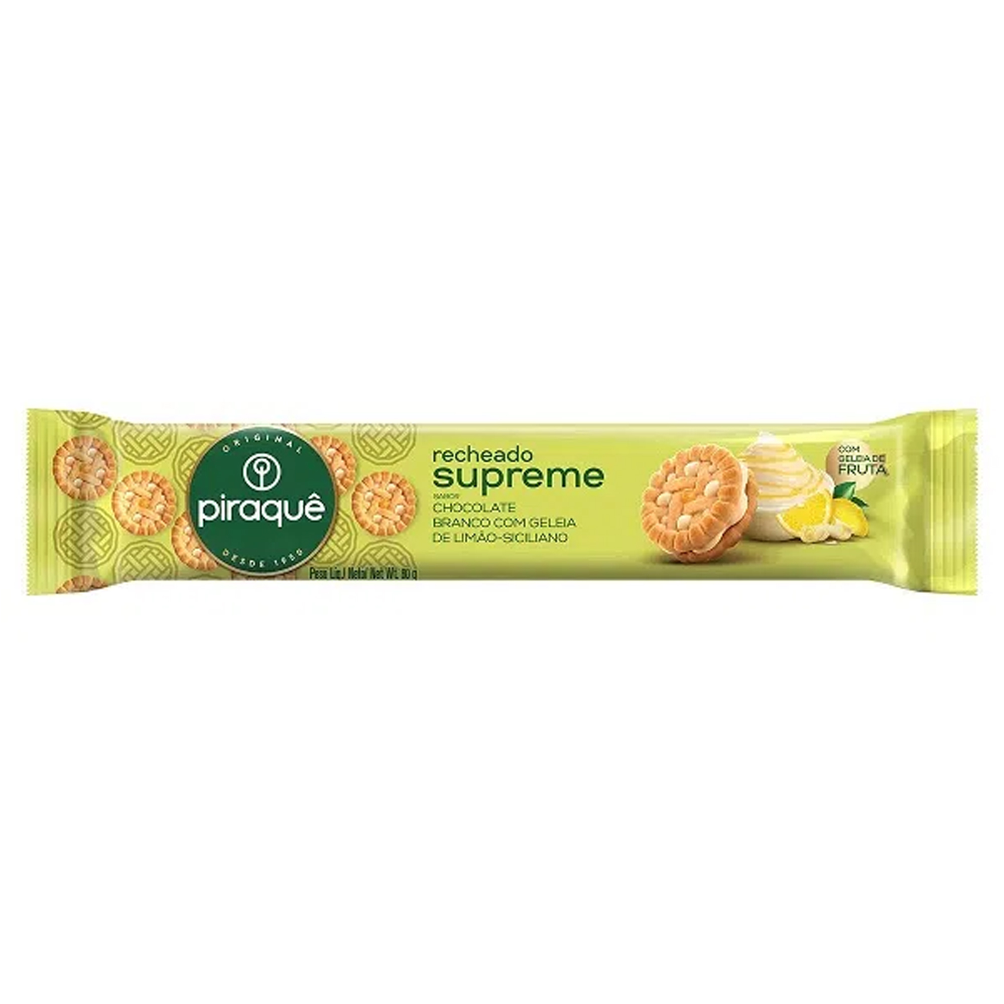 BISCOITO PIRAQUE RECHEADO 80G CHOCOLATE BRANCO COM GELEIA DE LIMAO SICILIANO