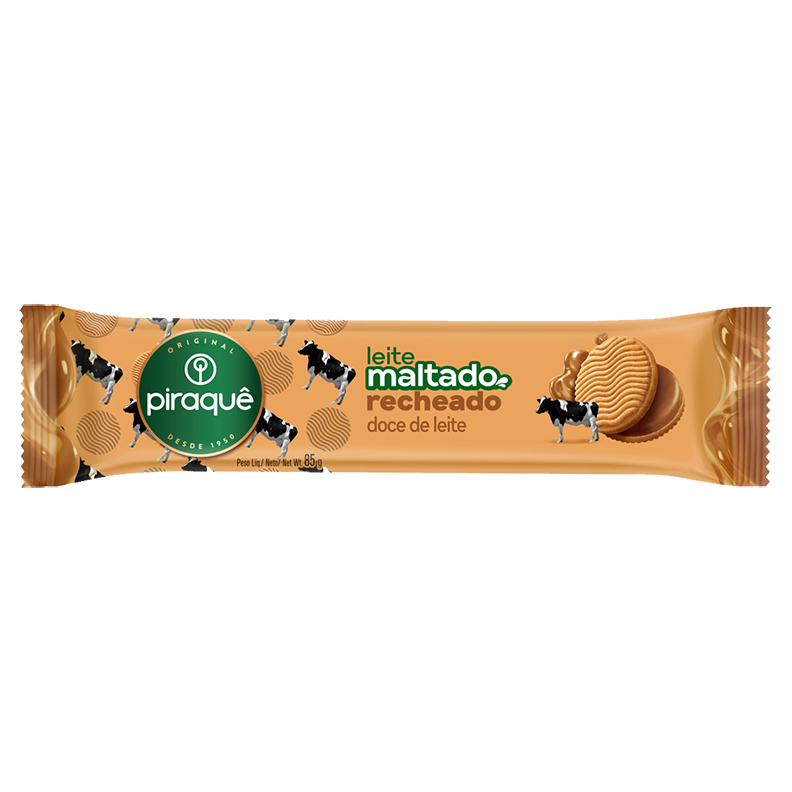 BISCOITO PIRAQUE RECHEADO LEITE MALTADO 85G DOCE DE LEITE