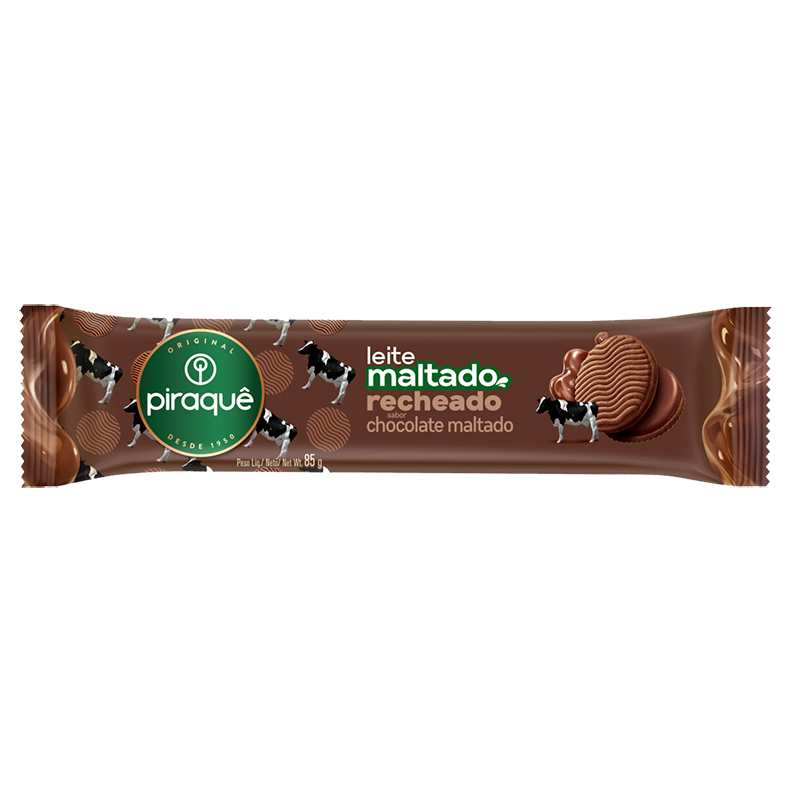 BISCOITO PIRAQUE RECHEADO LEITE MALTADO 85G CHOCOLATE