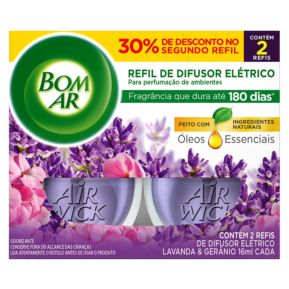 BOM AR AIR WICK ELETRICO REFIL COM 2UN 16ML 30% DESCONTO LAVANDA E GERANIO