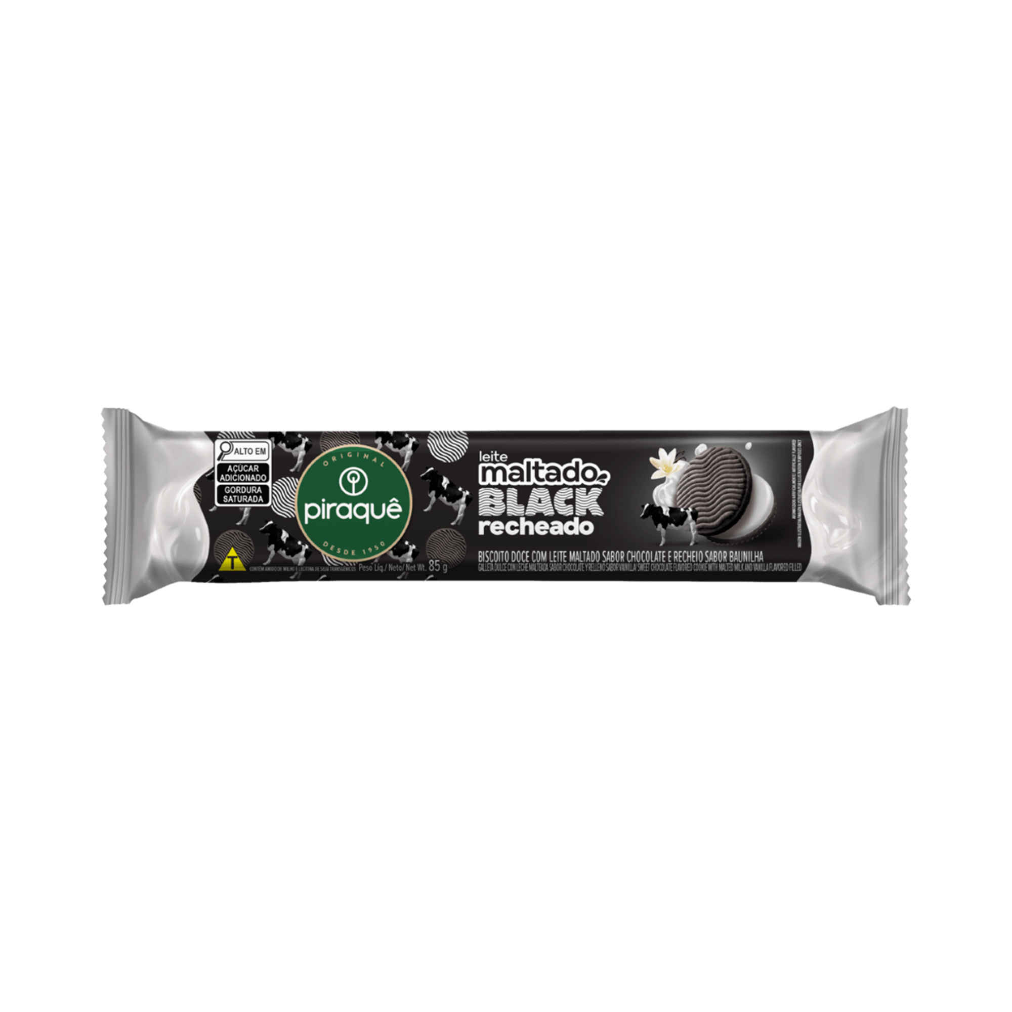 BISCOITO PIRAQUE RECHEADO LEITE MALTADO 85G BLACK COM BAUNILHA