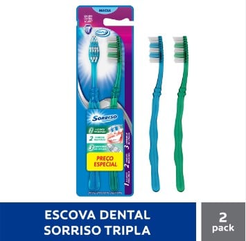 ESCOVA DENTAL SORRISO TRIPLA ACAO COM 2 UNIDADES