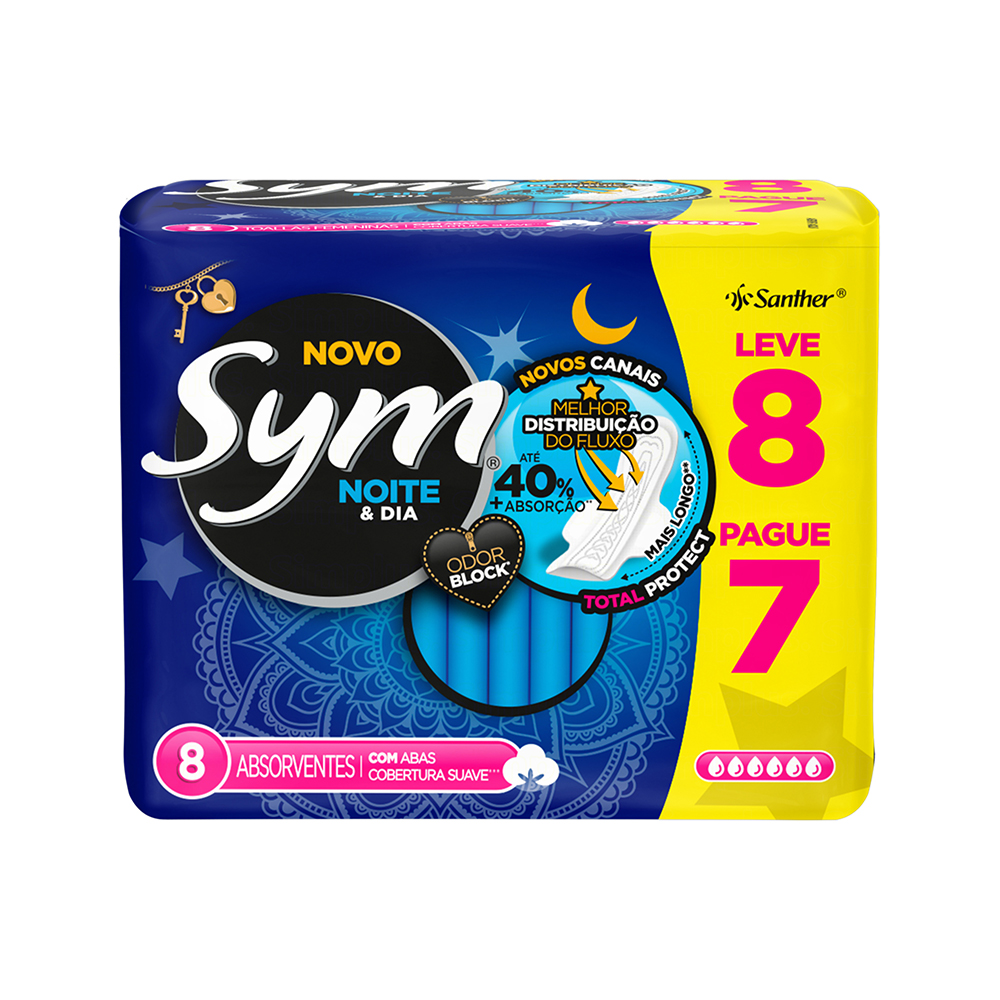 ABSORVENTE SYM NOITE E DIA COM ABAS LEVE 8 PAGUE 7 UNIDADES COBERTURA SUAVE