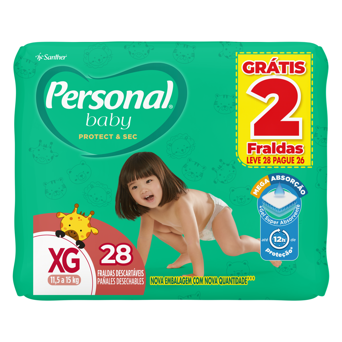 FRALDA PERSONAL BABY PROTECT&SEC XG MEGA LEVE 28 PAGUE 26 UNIDADES