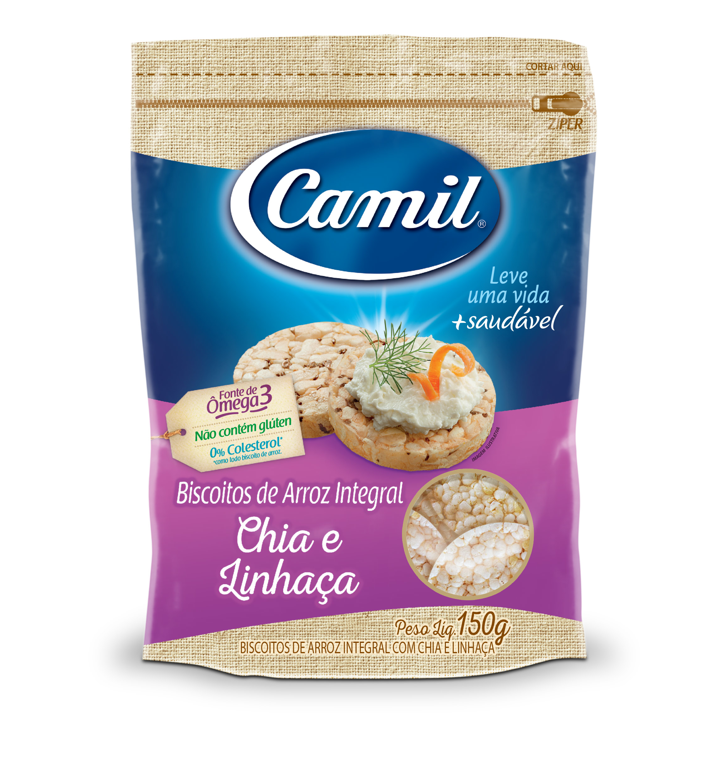 BISCOITO DE ARROZ CAMIL 150G INTEGRAL COM CHIA E LINHACA