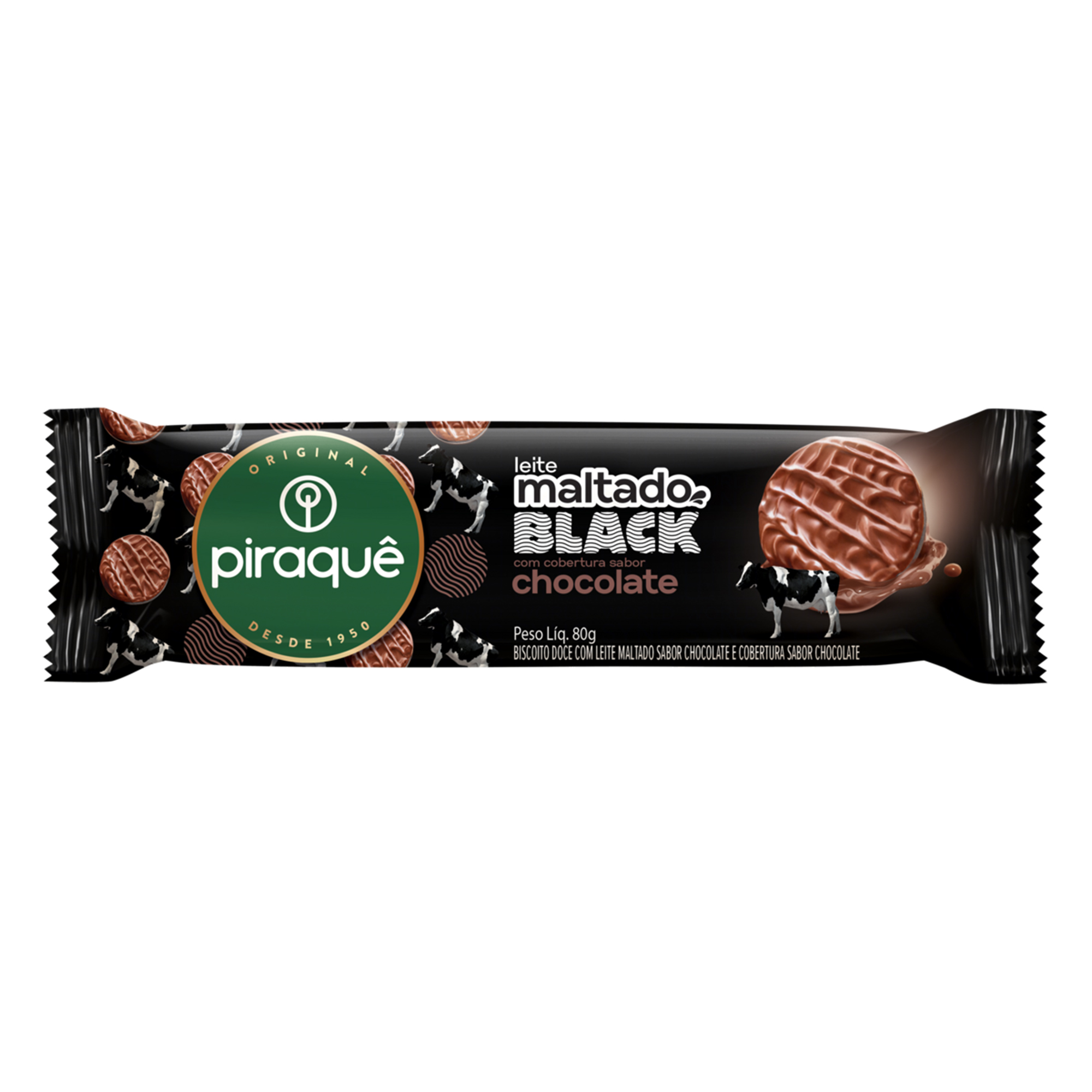 BISCOITO PIRAQUE LEITE MALTADO 80G BLACK COBERTO CHOCOLATE