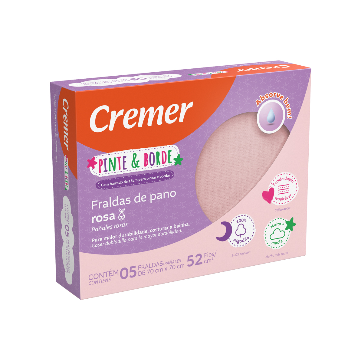 FRALDA CREMER PINTEBORDE 70X70CM COM 5 UNIDADES ROSA
