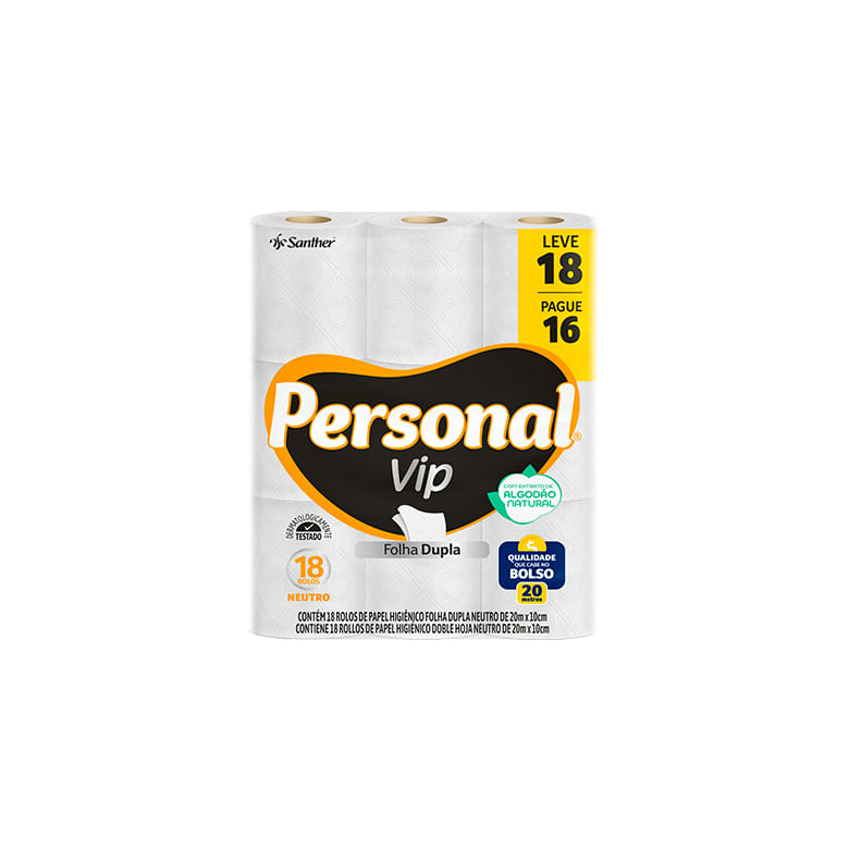 PAPEL HIGIENICO PERSONAL VIP FOLHA DUPLA 20M LEVE 18 PAGUE 16 NEUTRO