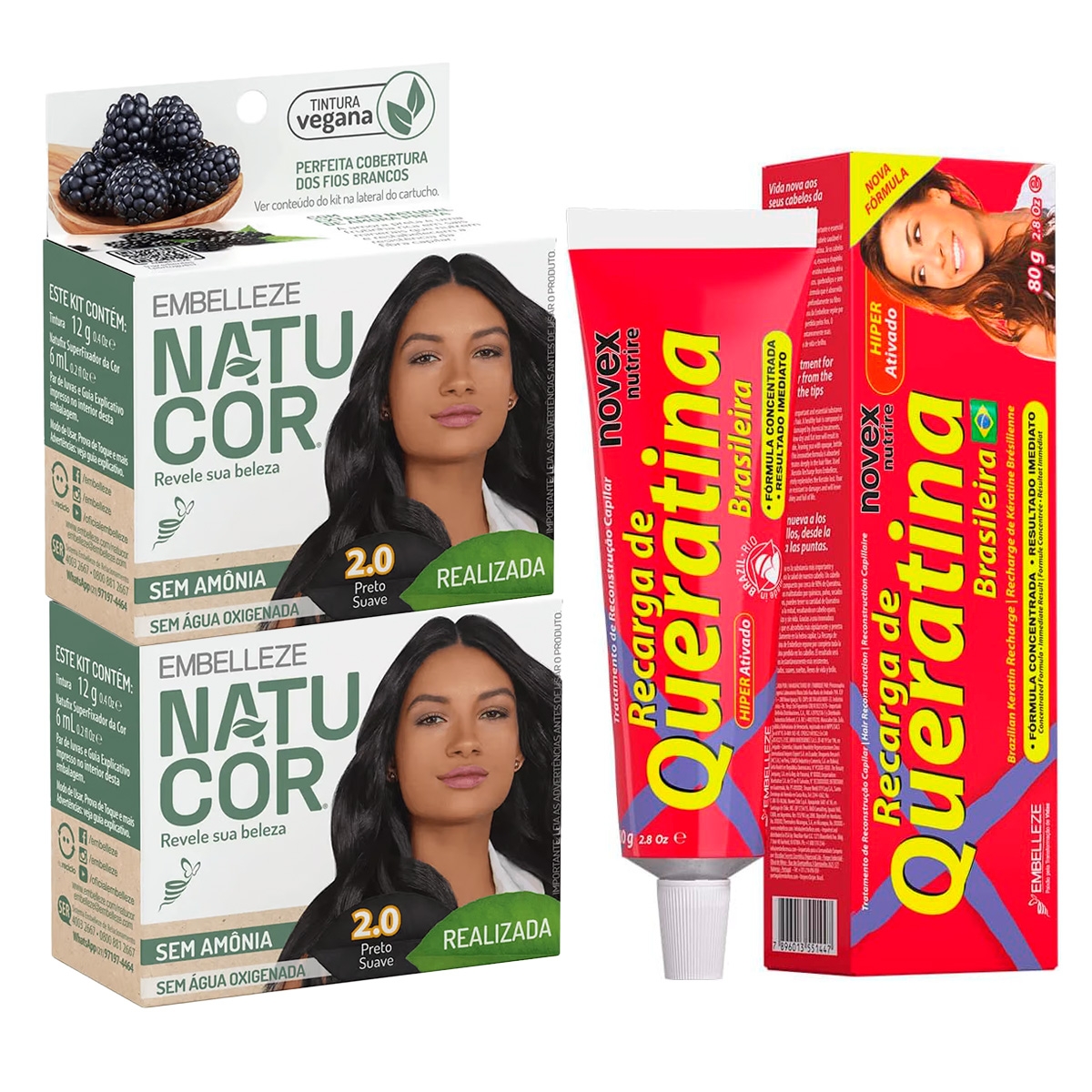 COR NATUCOR 2UN + RECARGA DE QUERATINA 1UN 2.0 PRETO SUAVE