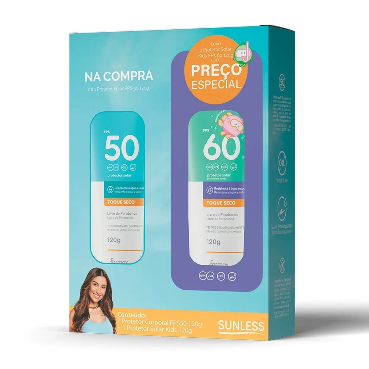 KIT PROTETOR SOLAR SUNLESS FPS50 + KIDS FPS60 120G PRECO ESPECIAL
