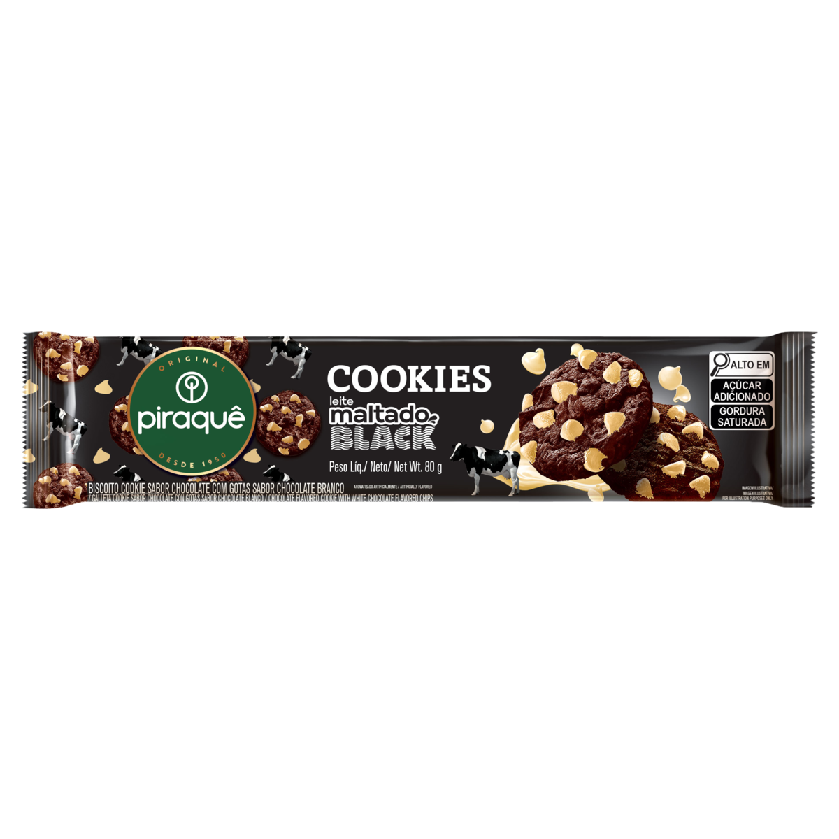 BISCOITO PIRAQUE COOKIES 80G MALTADO BLACK C/ CHOCOLATE BRANCO