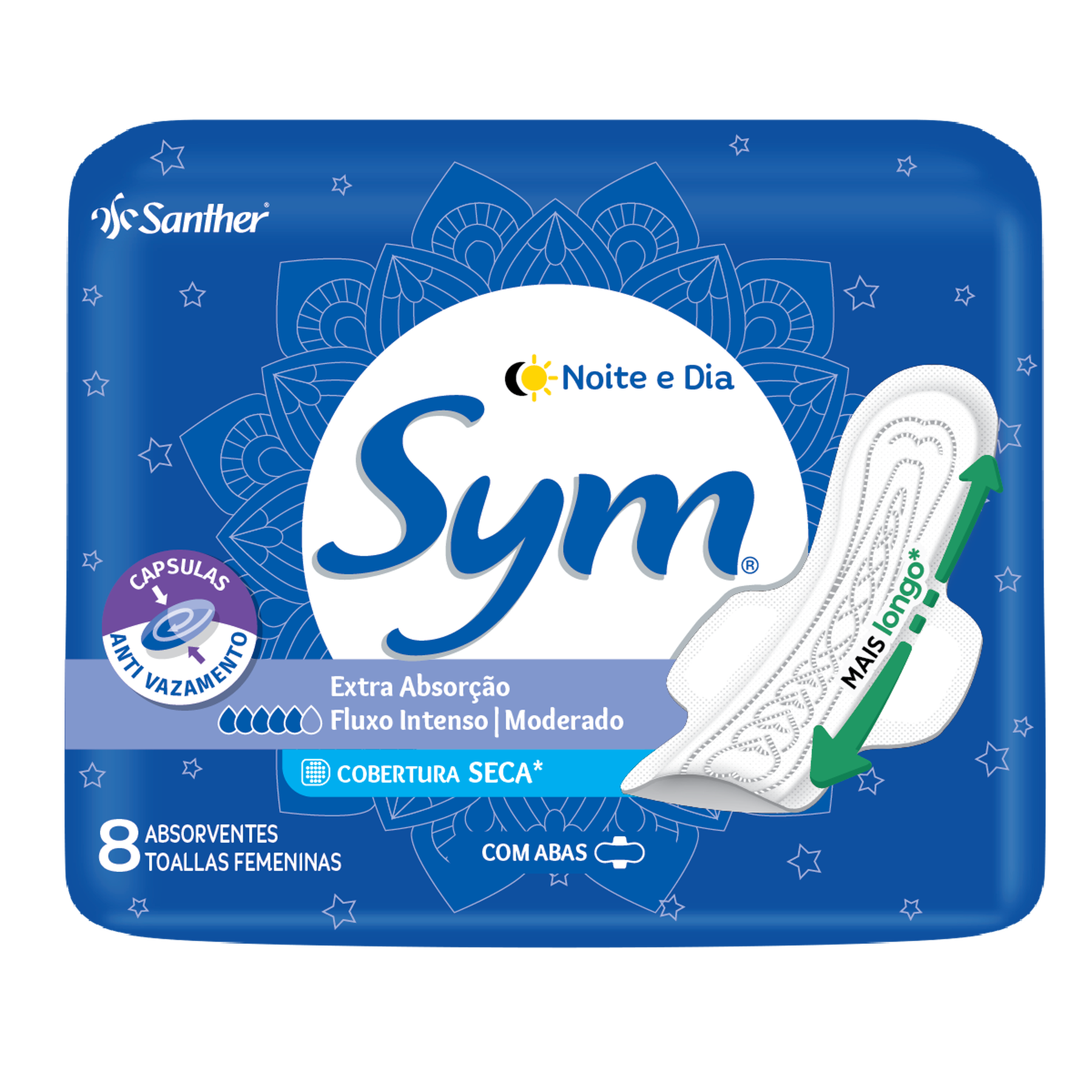 ABSORVENTE SYM NOITE E DIA COM ABAS COM 8 UNIDADES COBERTURA SECA