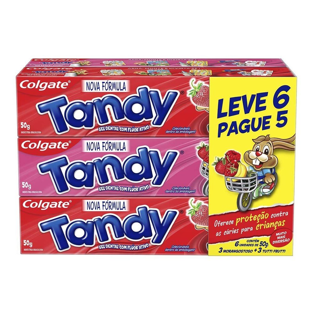 CREME DENTAL TANDY GEL 50G COM 6 UNIDADES TUTTI FRUIT E MORANGOSTOSO